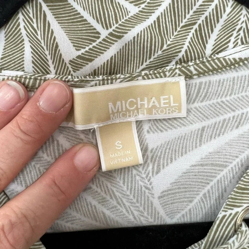 Michael Kors Women Small Top Lace Up V-Neck Green White Palm Fan Geometric Print - Picture 5 of 5